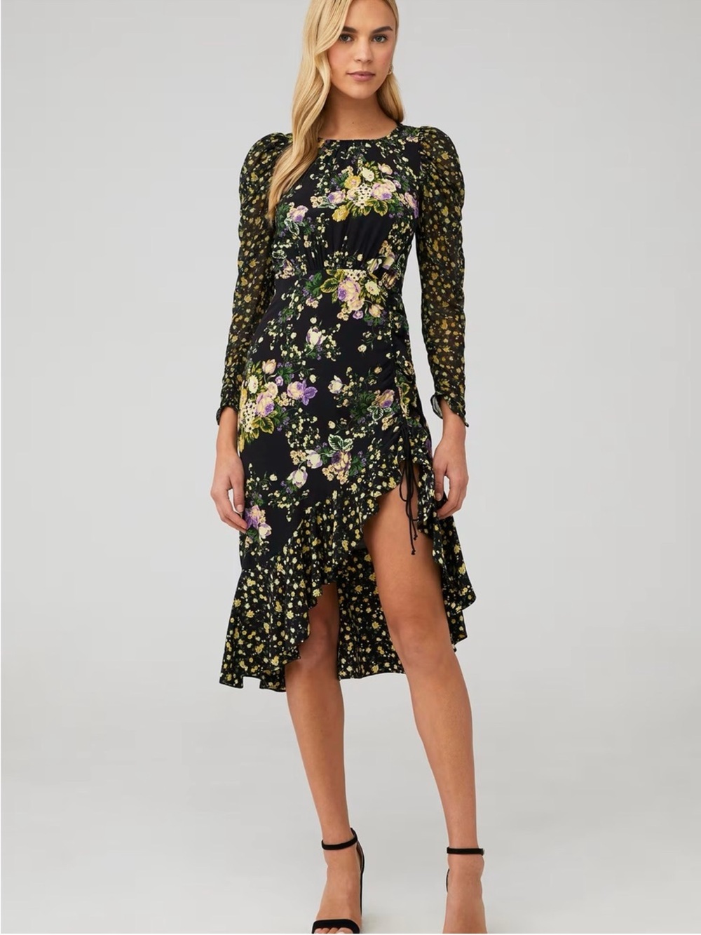 For Love and Lemons Black Floral Ruffle Midi Dress with Long Sleeves